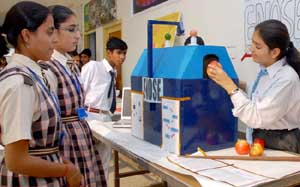 A student explaining her model at the science and technology exhibition organised at R.B. DAV School in Bathinda on Friday.