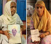Gyanwanti (left) holding the photo of her husband, who died of cancer, and Karamjeet Kaur (right), both of Kot Bhai village in Muktsar, resent callous attitude of the government towards cancer patients.