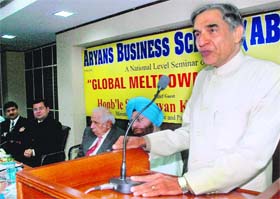Pawan Kumar Bansal, minister of state for finance and parliamentary affairs, addresses a seminar on “Global Meltdown and India: Causes and Effects” organised by the Aryans Business School here today