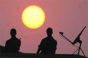Security personnel maintain vigil in the Parade area in Jammu.