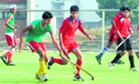 Players of Moga B and Bathinda in action during the Punjab State Weekend Hockey League at Punjab Agricultural University, Ludhiana,