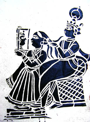 Krishna combs Radhas hair as she gazes into a mirror.
