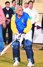 Chief Minister Bhupinder Singh Hooda at a batting practice session before a match between Parliamentarians-XI and CM-XI in Gurgaon 