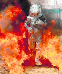 A drill in progress at the fire station in Ram Darbar, Industrial Area-II, Chandigarh, on Monday. 