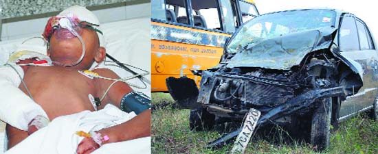 One of the students of K.D.S Public School who got injured when the school bus turned turtle after hitting a Santro car (Right)