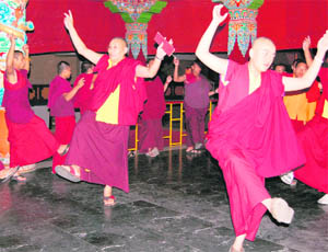 Monks practise a dance at a Bodh monastry at Rewalsar, near Mandi, on Monday.