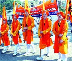 A nagar kirtan being taken out in connection with the birth anniversary celebrations of Guru Nanak Dev in Jalandhar on Monday.