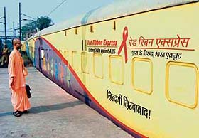 Visitors look at the Red Ribbon Express at Ludhiana railway station