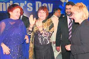(L-R) Linda Love, VP, academics, Georgian College, Canada, Cyndi McLeod, Faculty member Thompson Rivers University, Canada, Devinder Sandhu, senior director, CIIS Educational Services Society, and Dr (Ms.) Kathleen Scherf, president and vice-chancellor, TRU, Canada, in clapping and dancing mode on the occasion of Founders Day celebrations at the Continental Institute for International Studies (CIIS), in Jalvehra, near Mohali, on Monday.