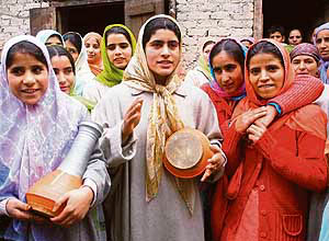 Supporters of the Congress at a rally in Ganderbal on Tuesday.