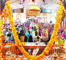 Devotees pay obeisance at a gurdwara on the occasion of parkash utsav of Guru Nanak Dev at Shimla on Thursday.