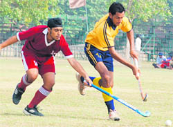 GHG Khalsa College, Gurusar Sadhar, and GNN College, Doraha (Ludhiana), vie for the title during the final match of the Panjab University Inter-College Hockey A- Division (Men) Championship at PU grounds on Friday.