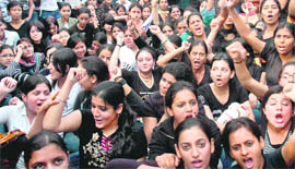 Hostellers of Guru Gobind Singh Khalsa College for Girls protest against the college authorities in Sector 26, Chandigarh, on Friday.