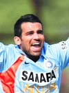 Zaheer Khan celebrates after taking the wicket of Andrew Flintoff.