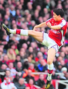 Arsenals Samir Nasri scored a brace in the game against Manchester United to give his team and manager some much-needed breathing space in the English Premier League, at the Emirates Stadium, in London