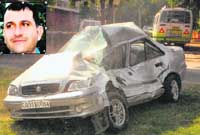 The badly damaged car that met with an accident in Chandigarh on Saturday and (inset) Sidharth, the victim.