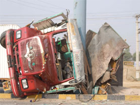 A truck that hit Kherki Daula toll plaza at Expressway on Saturday morning.