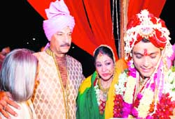 Bollywood actor Suresh Oberoi along with daughter Meghna and son-in-law Amit at the wedding ceremony in Rishikesh.