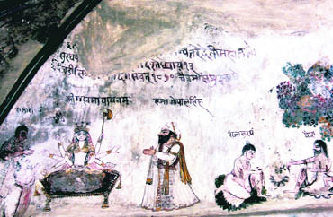 Whitewashing has damaged the mural depicting Raja Gopal Singh paying obeisance to Mahamaya