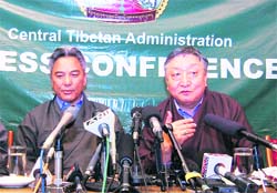 Envoys of the Dalai Lama, Lodi Gyari and Kelsong Gyaltsen, address mediapersons at Dharamsala on Sunday. 