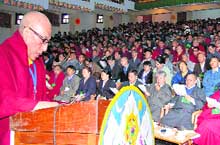 The Prime Minister of the Tibetan government-in-exile speaks at a meeting of Tibetan delegates at Tibetan Children Village on Monday.