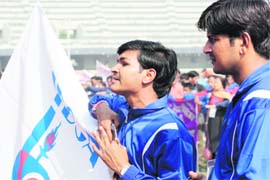 A player takes oath before the start of the games at Guru Nanak Stadium in Ludhiana
