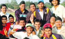 The jubilant members of the SGGS College team after winning the Inter-College Cricket Tournament for the Administrator's Cup on Tuesday.