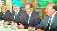 From left, D. P. Azad, J. S. Cheema, C. S. R. Reddy and Jagmohan Singh at a press briefing of the Budget Signs Chandigarh Golfing Tour at the CJA Golf Range in Chandigarh on Tuesday.