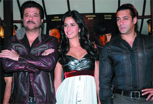Bollywood stars Anil Kapoor, Katrina Kaif and Salman Khan during the promotion of their forthcoming film 'Yuvaraj' at Filmcity in New Delhi on Tuesday.