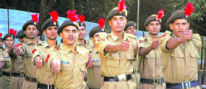Cadets participate in a march past during the NCC Week at Chaura Maidan in Shimla on Tuesday.