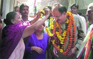 Congress candidate from East Delhi A.K. Walia during an election campaign at Laxmi Nagar in New Delh