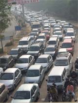 A massive jam in front of the road signature 
