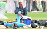 Yusuf Pathan gets ready for practice.