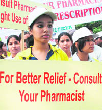 Students of Swami Vivekananda College take out a rally on safe medication in Mohali on Thursday.