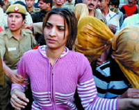 Sonu Punjaban with other five girls being produced at the Patiala House Courts in New Delhi on Friday.