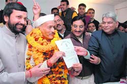 Bhagat Singh Koshiyari after winning the Rajya Sabha election, in Dehradun on Friday.