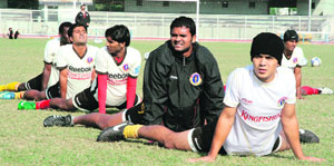 East Bengal players practice on the eve of their match against JCT FC in Ludhiana.