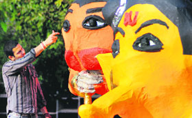 Mega floats of mythological characters get final touches on the eve of the Chandigarh Carnival in Sector 10 on Friday.