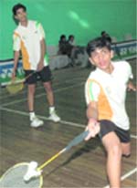 Santosh Ravnsi and Saharash of Andhra Pradesh during their doubles match in the All-India Junior Badminton Championships-2008 at the Sector 42 badminton hall
