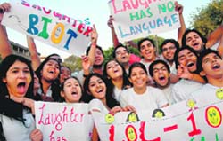 Members of Rotaract Club, DAV College, take part in an event Laugh Out Loud in Sector 17, Chandigarh