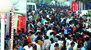 Crowd during the ongoing India International Trade Fair at Pragati Maidan in New Delhi on Saturday.