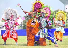 Members of the National Cadet Corps dress as goddesses engaged in a battle with demons during celebrations to mark the 60th anniversary of the creation of the NCC in Kolkata