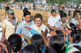 AICC general secretary Rahul Gandhi meets supporters during an election campaign at Jabalpur in Madhya Pradesh