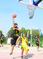 Dr BR Ambedkar University, Agra, during a match with Dr RML Avadh University, Faizabad, in the North Zone Inter-University Basketball Championship at PU grounds