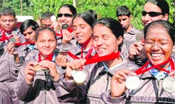 Students of the Blind Institute, Sector 26, pose with the medals they won during the National Athletics Meet in Chandigarh