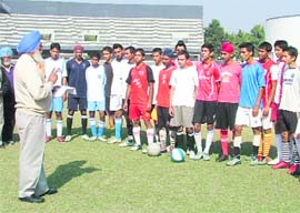 Soccer trials being conducted at Guru Nanak Stadium in Ludhiana on Monday.