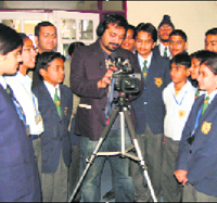 Anurag Kashyap (centre) with students of Dikshant International School.