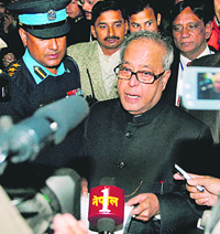 External Affairs Minister Pranab Mukherjee addresses media representatives as he arrives at the Tribhuvan International Airport in Kathmandu on Monday.