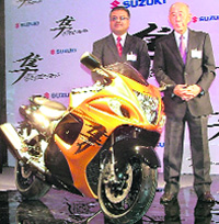 Suzuki Motors joint managing director Katsumi Takata (right) with vice-president (sales and marketing) Atul Gupta at the launch of its two hyper sports bikes, Hayabusa and Intruder M1800R, in New Delhi on Wednesday. Both bikes are priced at Rs 12.5 lakh (ex-showroom Delhi). 