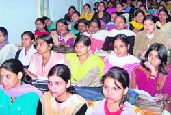 Students at the birth anniversary function of Harivanshrai Bachchan in Haridwar on Wednesday. 